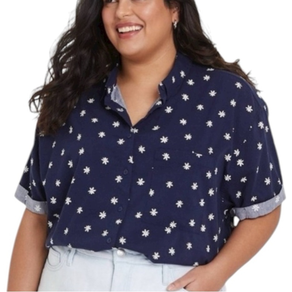 Ava & Viv Womens Button Down Navy Blue Daisy Print Short Sleeve Shirt Size 2X